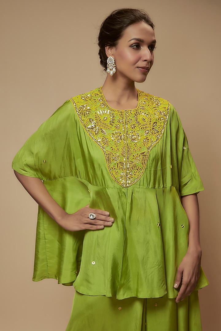 Green Silk Bead Embroidered Tunic Set by Keith Gomes at Pernia's Pop Up Shop