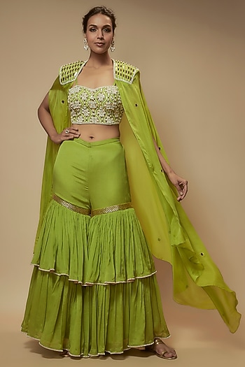 Green Chiffon Crepe Gharara Set by Keith Gomes at Pernia's Pop Up Shop