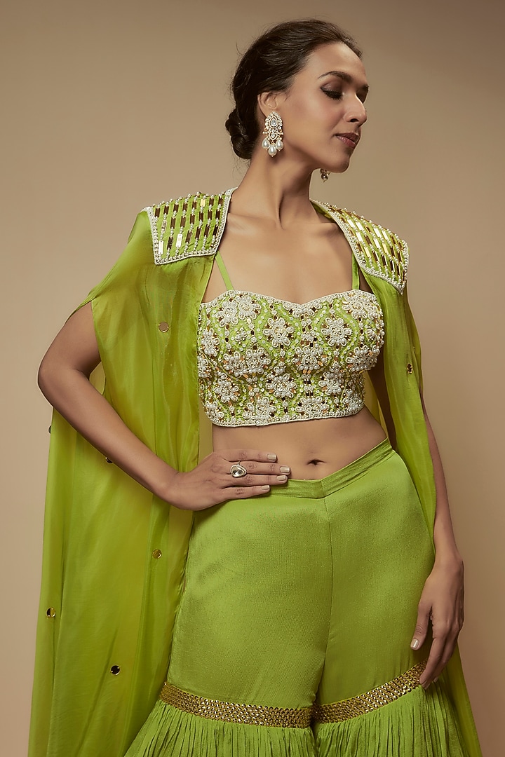 Green Chiffon Crepe Gharara Set by Keith Gomes at Pernia's Pop Up Shop