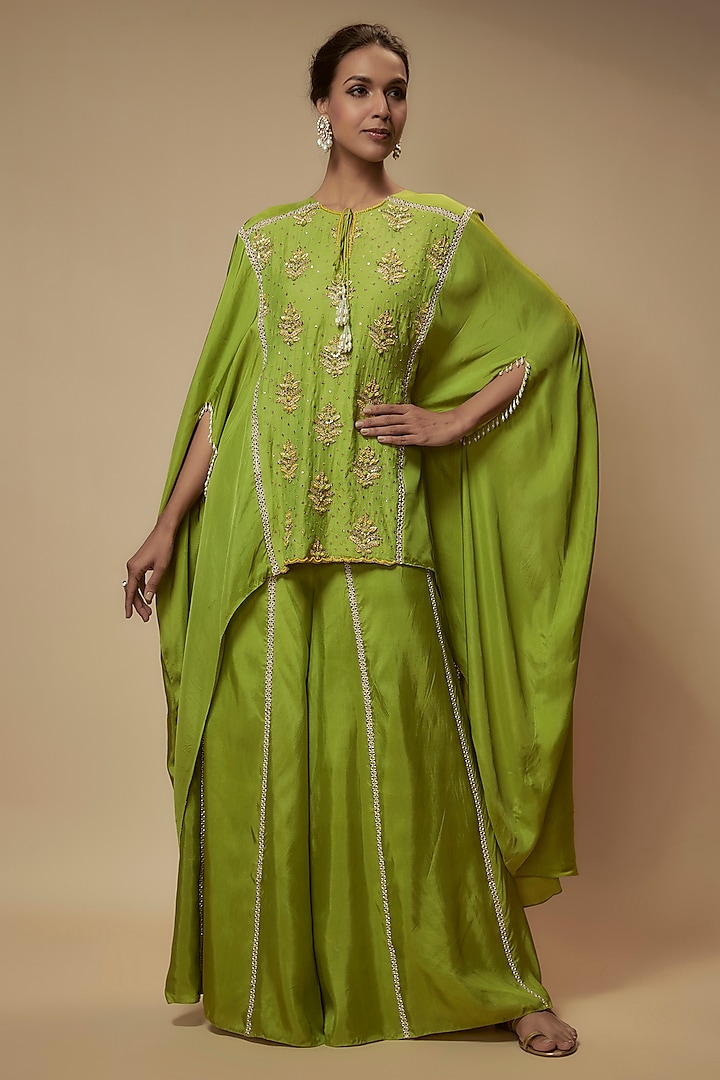 Green Silk Zardosi Embroidered Tunic Set by Keith Gomes