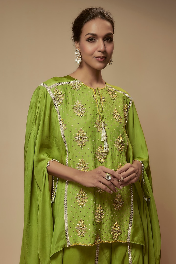 Green Silk Zardosi Embroidered Tunic Set by Keith Gomes at Pernia's Pop Up Shop