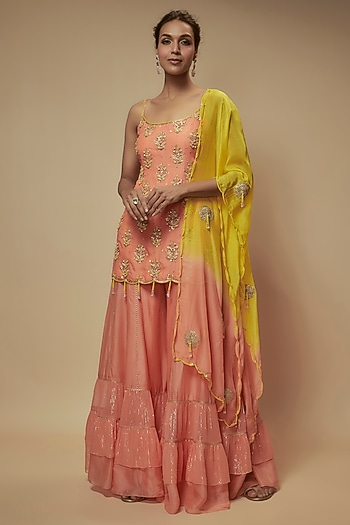 Peach Silk Organza Zardosi Embellished Tunic Set by Keith Gomes at Pernia's Pop Up Shop
