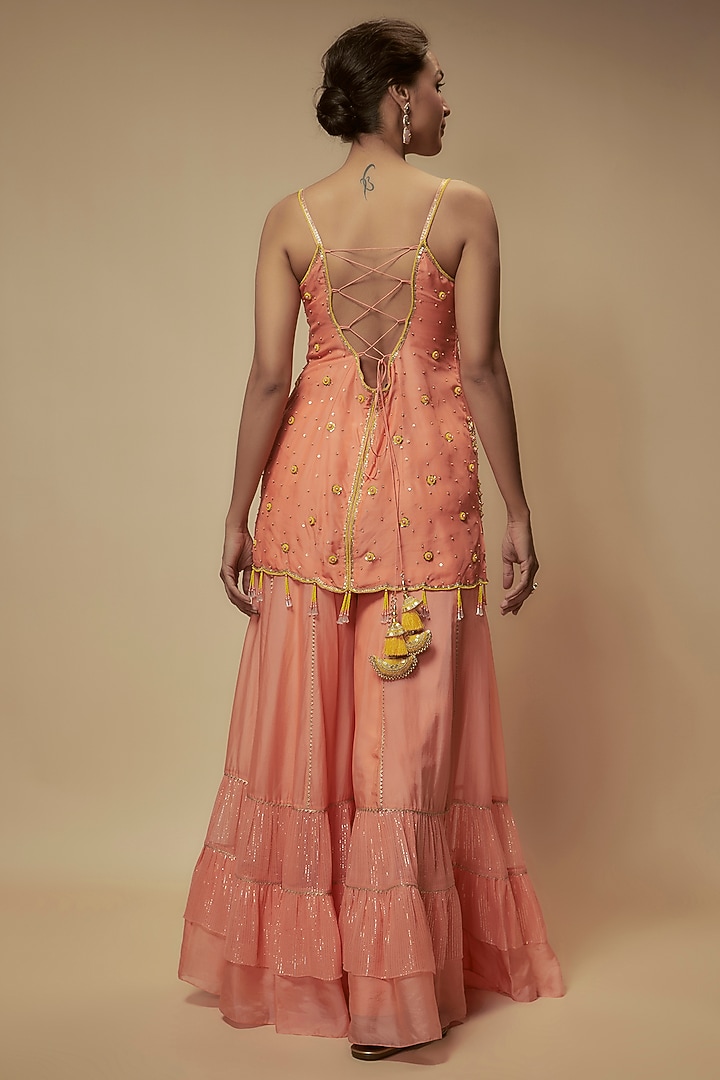Peach Silk Organza Zardosi Embellished Tunic Set by Keith Gomes at Pernia's Pop Up Shop