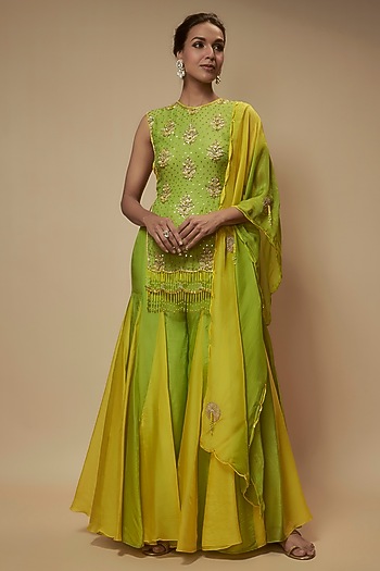 Green Silk Organza Zardosi Embellished Tunic Set by Keith Gomes at Pernia's Pop Up Shop