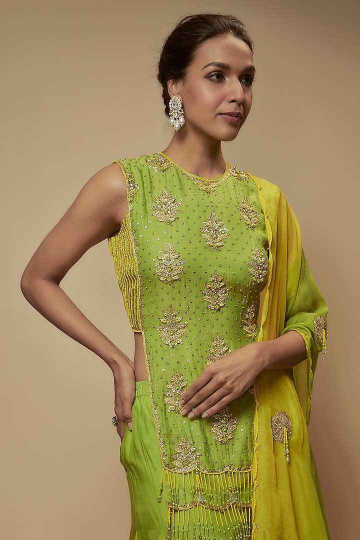 Green Silk Organza Zardosi Embellished Tunic Set by Keith Gomes at Pernia's Pop Up Shop