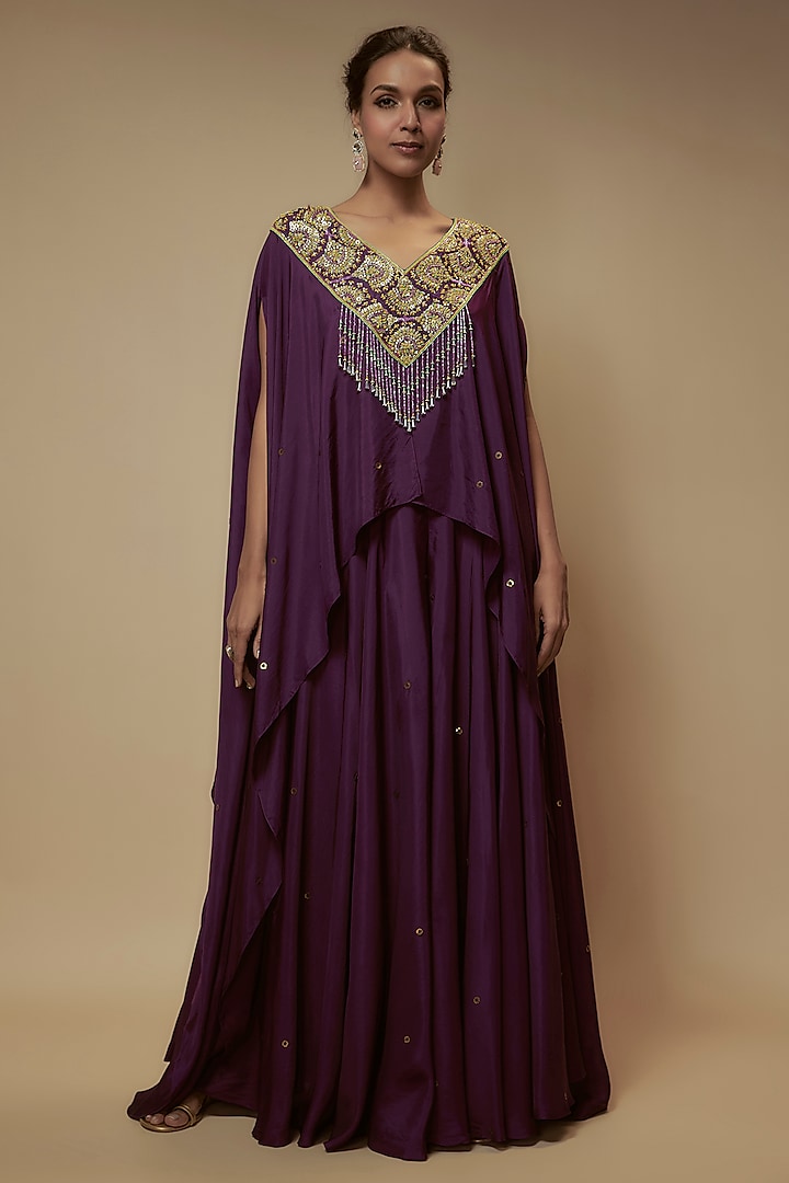 Purple Silk Cutdana Embroidered Tunic Set by Keith Gomes