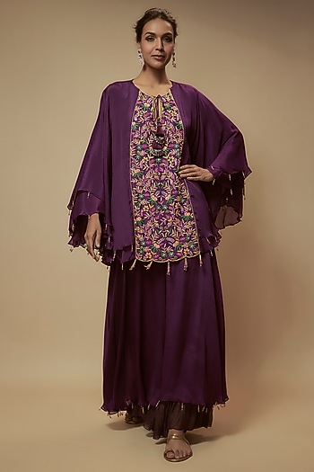 Purple Chiffon Crepe Bead Embroidered Tunic Set by Keith Gomes at Pernia's Pop Up Shop