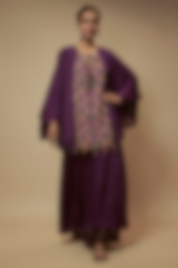 Purple Chiffon Crepe Bead Embroidered Tunic Set by Keith Gomes