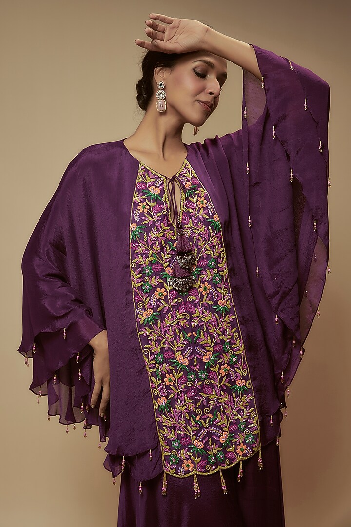 Purple Chiffon Crepe Bead Embroidered Tunic Set by Keith Gomes at Pernia's Pop Up Shop