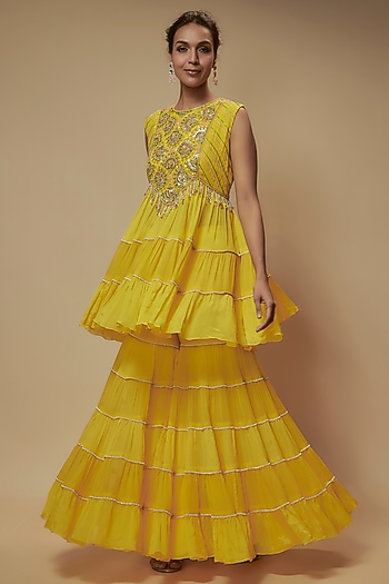 Yellow Chiffon Crepe & Zari Georgette Bead Embroidered Tunic Set by Keith Gomes at Pernia's Pop Up Shop