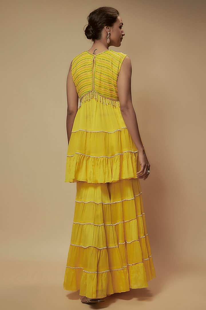 Yellow Chiffon Crepe & Zari Georgette Bead Embroidered Tunic Set by Keith Gomes at Pernia's Pop Up Shop