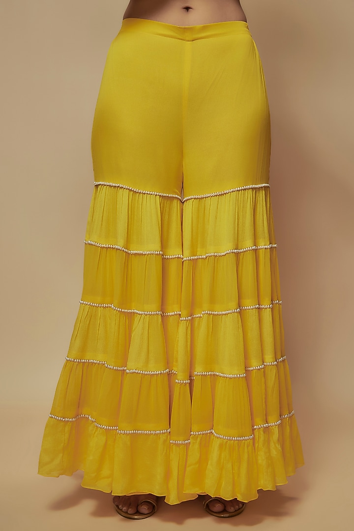 Yellow Chiffon Crepe & Zari Georgette Bead Embroidered Tunic Set by Keith Gomes at Pernia's Pop Up Shop