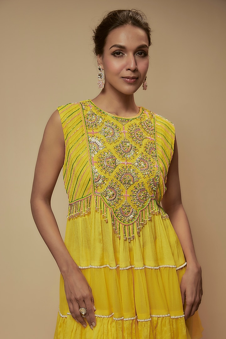 Yellow Chiffon Crepe & Zari Georgette Bead Embroidered Tunic Set by Keith Gomes at Pernia's Pop Up Shop
