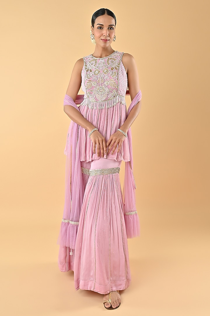 Lilac Chiffon Crepe Sequins Embroidered Gharara Set by Keith Gomes at Pernia's Pop Up Shop