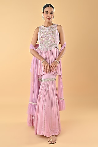 Lilac Chiffon Crepe Sequins Embroidered Gharara Set by Keith Gomes