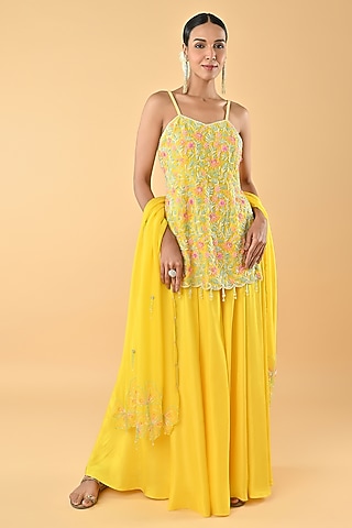 Yellow Silk Organza Glass Bead Embroidered Tunic Set by Keith Gomes
