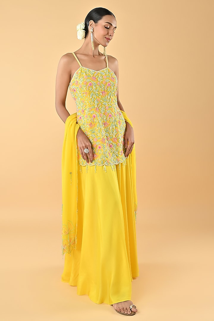 Yellow Silk Organza Glass Bead Embroidered Tunic Set by Keith Gomes at Pernia's Pop Up Shop