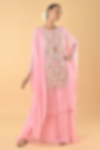 Baby Pink Georgette Mirror Embellished Kaftan Set by Keith Gomes at Pernia's Pop Up Shop