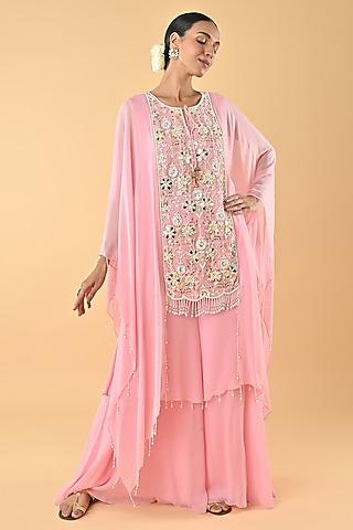 Baby Pink Georgette Mirror Embellished Kaftan Set by Keith Gomes