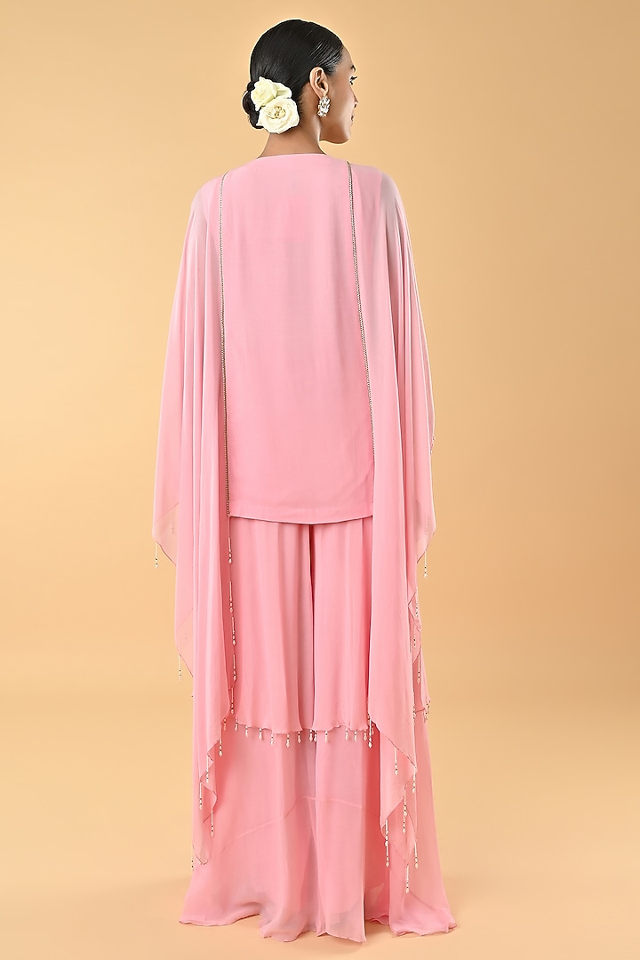 Baby Pink Georgette Mirror Embellished Kaftan Set by Keith Gomes at Pernia's Pop Up Shop