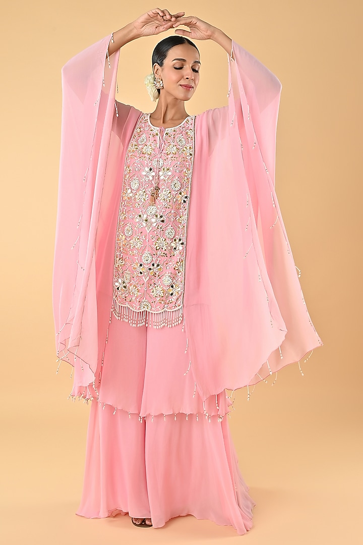 Baby Pink Georgette Mirror Embellished Kaftan Set by Keith Gomes at Pernia's Pop Up Shop