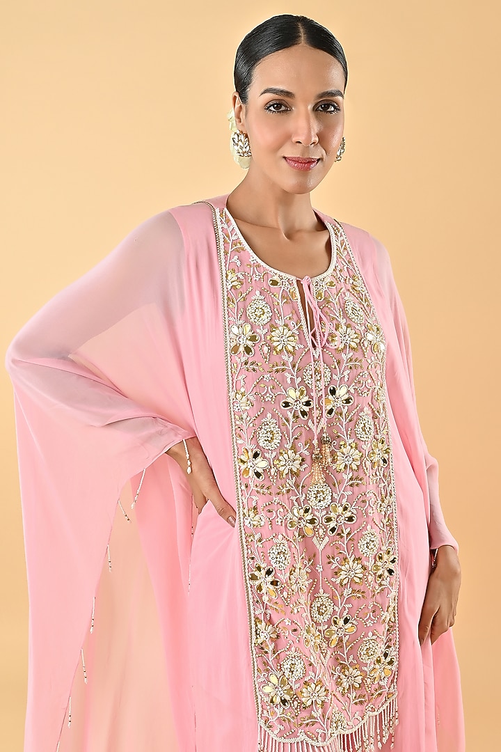 Baby Pink Georgette Mirror Embellished Kaftan Set by Keith Gomes at Pernia's Pop Up Shop