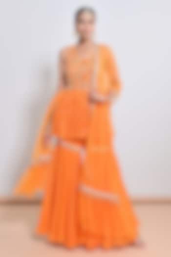 Orange Silk Organza Embroidered Gharara Set by Keith Gomes at Pernia's Pop Up Shop