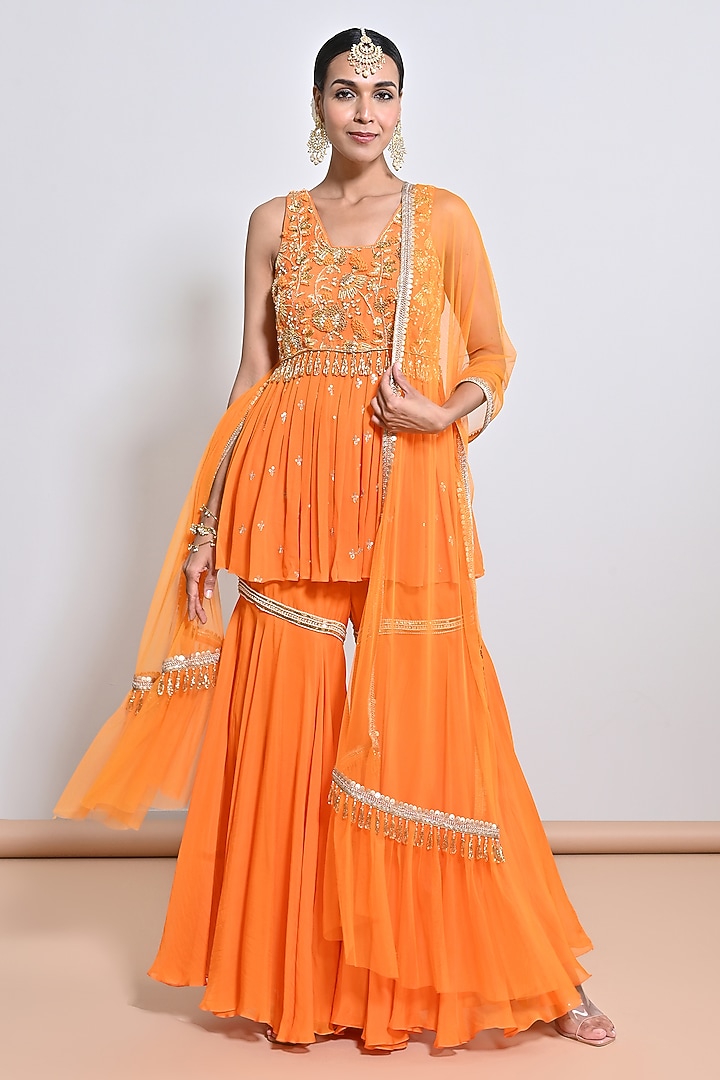 Orange Silk Organza Embroidered Gharara Set by Keith Gomes at Pernia's Pop Up Shop