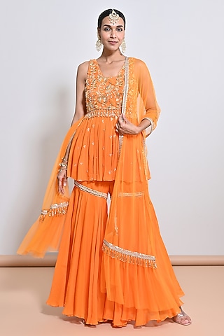Orange Silk Organza Embroidered Gharara Set by Keith Gomes