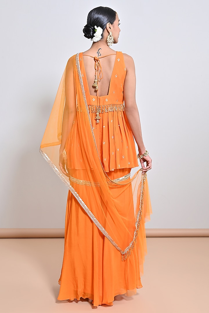 Orange Silk Organza Embroidered Gharara Set by Keith Gomes at Pernia's Pop Up Shop