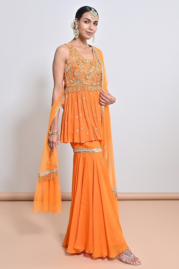 Orange Silk Organza Embroidered Gharara Set by Keith Gomes at Pernia's Pop Up Shop