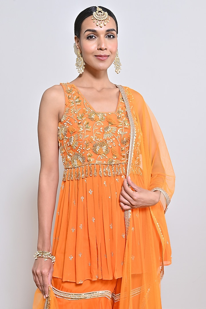 Orange Silk Organza Embroidered Gharara Set by Keith Gomes at Pernia's Pop Up Shop