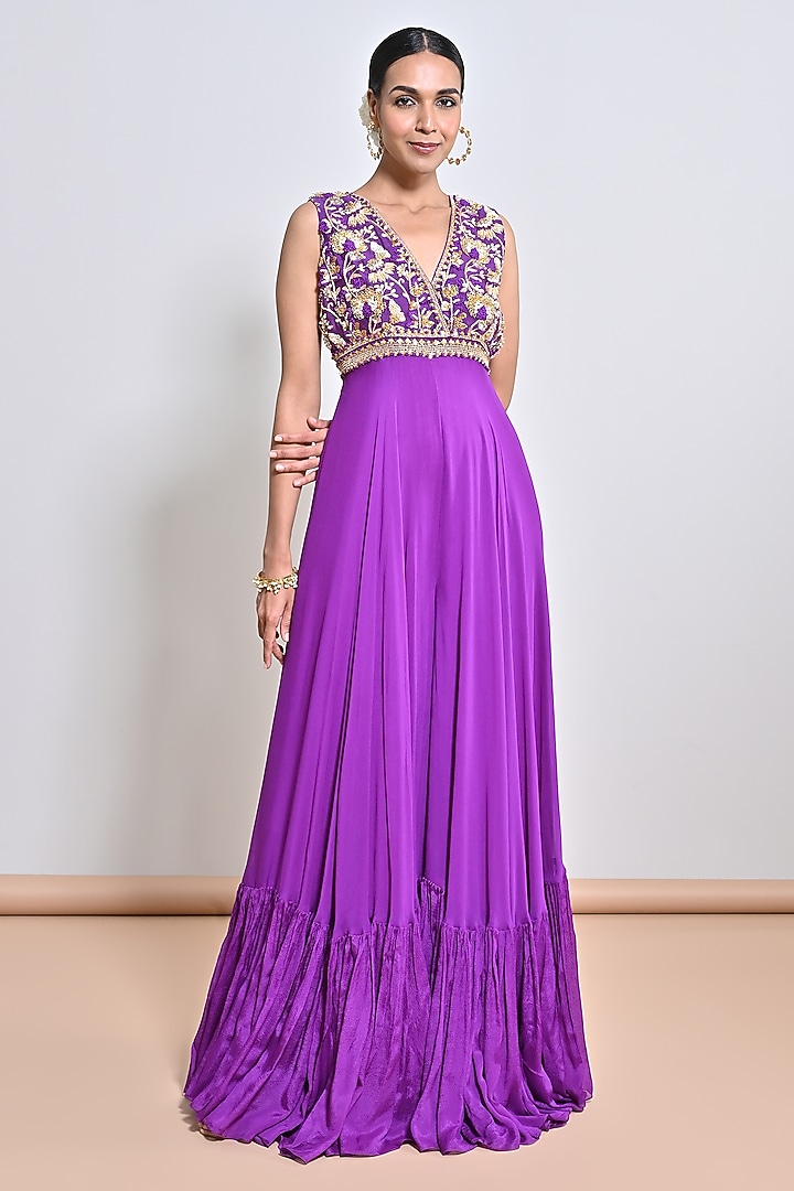 Purple Chiffon Crepe Zardosi Embroidered Jumpsuit by Keith Gomes at Pernia's Pop Up Shop