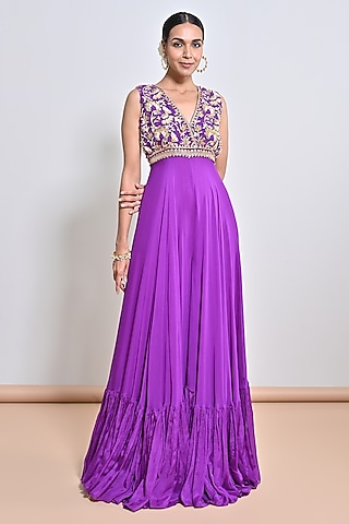 Purple Chiffon Crepe Zardosi Embroidered Jumpsuit by Keith Gomes