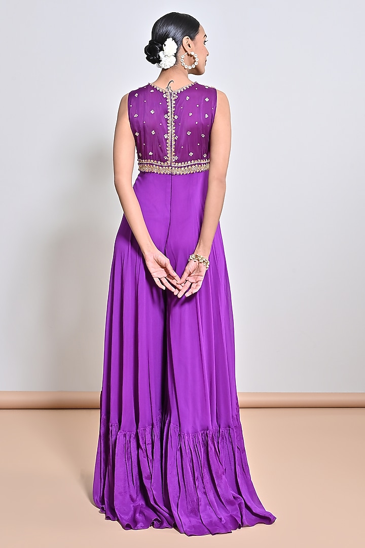 Purple Chiffon Crepe Zardosi Embroidered Jumpsuit by Keith Gomes at Pernia's Pop Up Shop