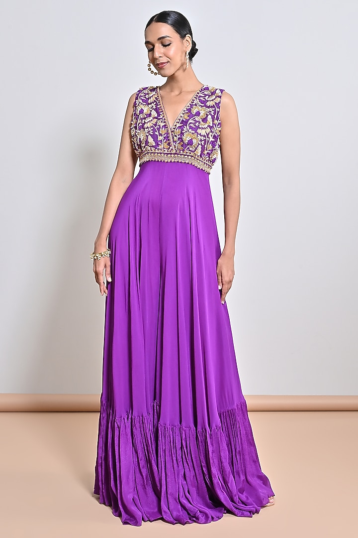 Purple Chiffon Crepe Zardosi Embroidered Jumpsuit by Keith Gomes at Pernia's Pop Up Shop