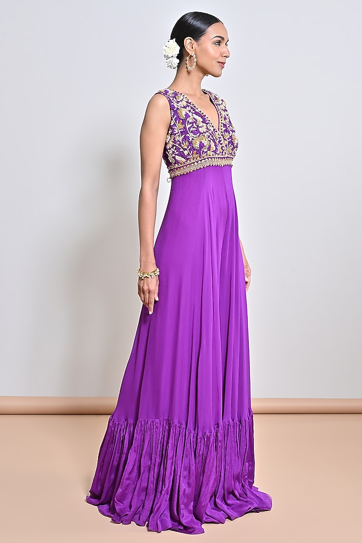 Purple Chiffon Crepe Zardosi Embroidered Jumpsuit by Keith Gomes at Pernia's Pop Up Shop
