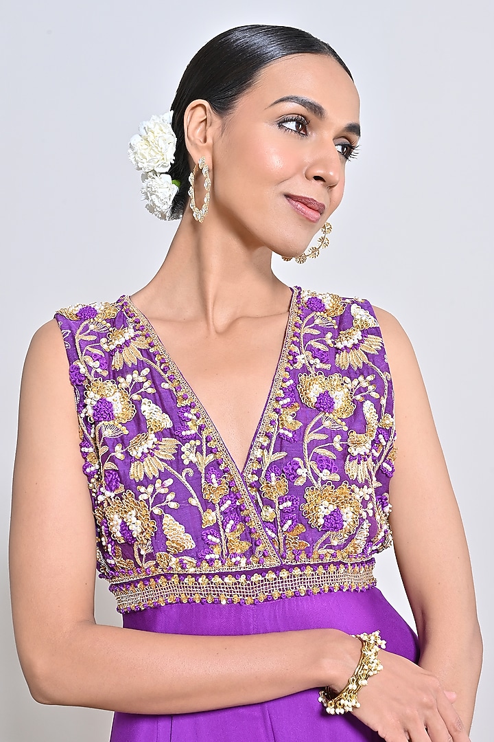 Purple Chiffon Crepe Zardosi Embroidered Jumpsuit by Keith Gomes at Pernia's Pop Up Shop