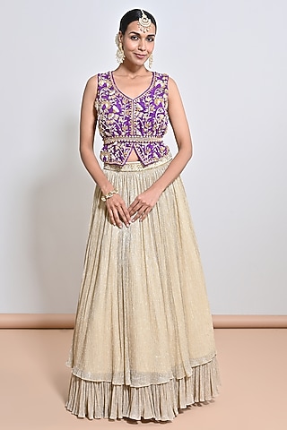 Gold Crush Chiffon Zari Skirt Set by Keith Gomes