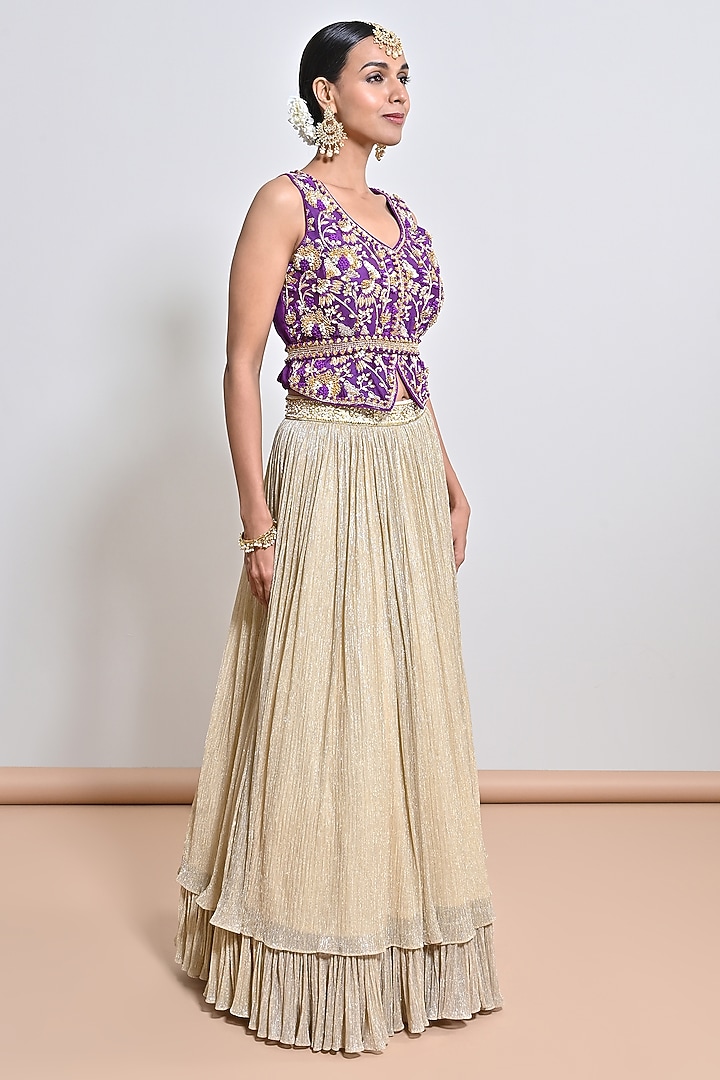 Gold Crush Chiffon Zari Skirt Set by Keith Gomes at Pernia's Pop Up Shop