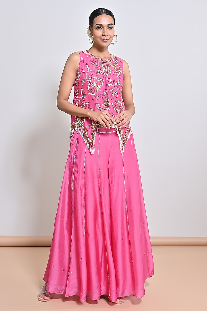 Pink Silk Organza Mirror Embellished Tunic Set by Keith Gomes at Pernia's Pop Up Shop