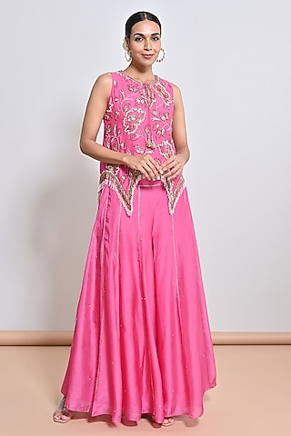 Pink Silk Organza Mirror Embellished Tunic Set by Keith Gomes