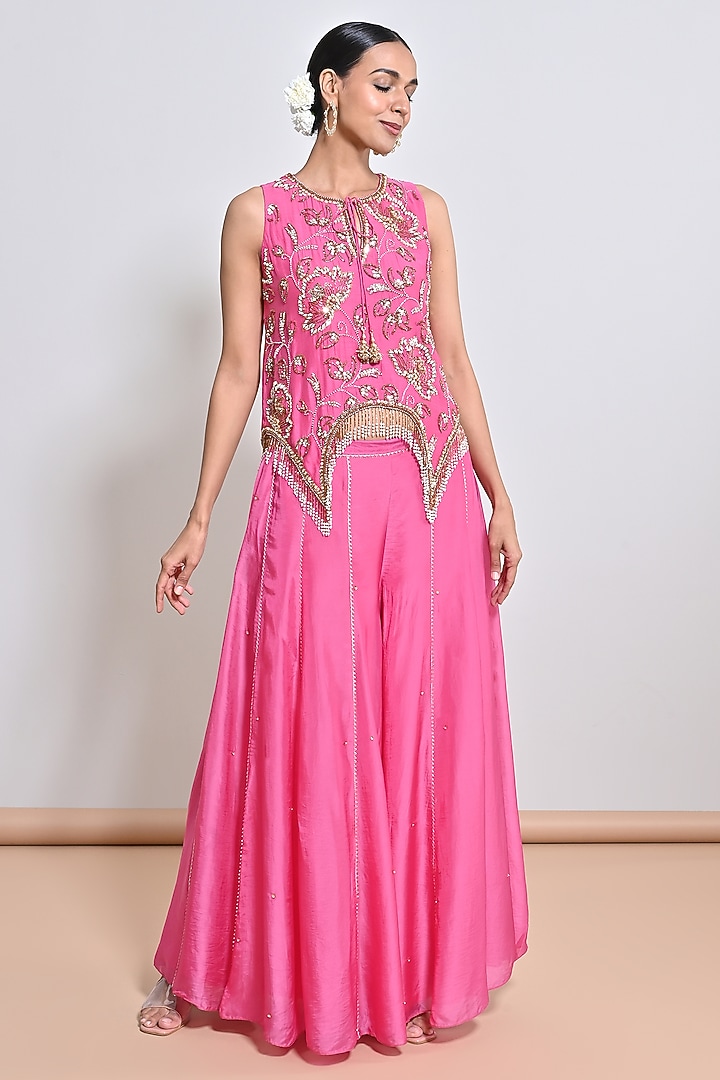 Pink Silk Organza Mirror Embellished Tunic Set by Keith Gomes at Pernia's Pop Up Shop