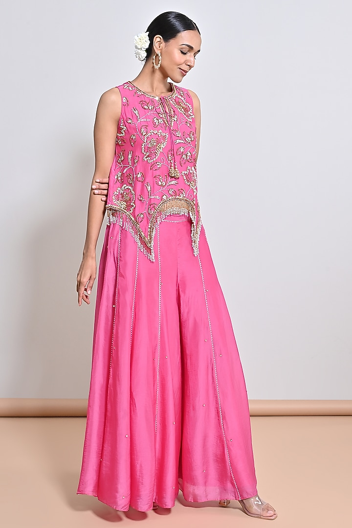 Pink Silk Organza Mirror Embellished Tunic Set by Keith Gomes at Pernia's Pop Up Shop
