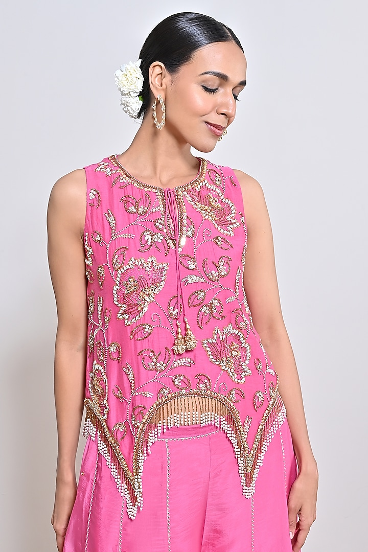 Pink Silk Organza Mirror Embellished Tunic Set by Keith Gomes at Pernia's Pop Up Shop
