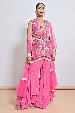Pink Georgette Gharara Set by Keith Gomes