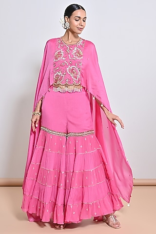 Pink Chiffon Crepe Embroidered Gharara Set by Keith Gomes
