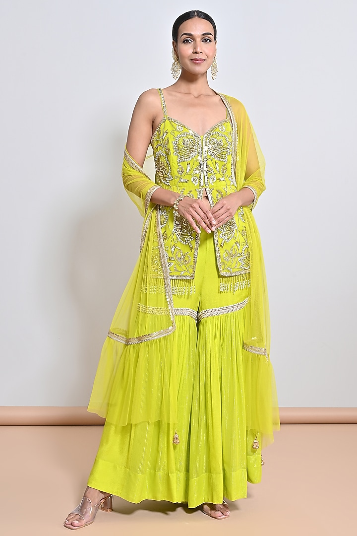 Neon Green Chiffon Crepe Embroidered Gharara Set by Keith Gomes at Pernia's Pop Up Shop