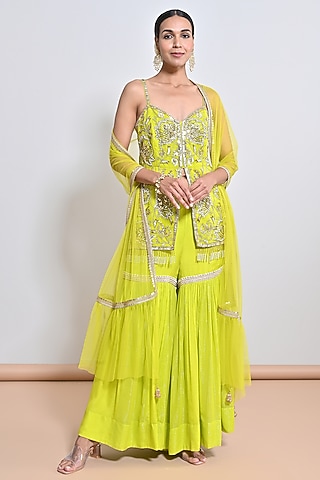 Neon Green Chiffon Crepe Embroidered Gharara Set by Keith Gomes