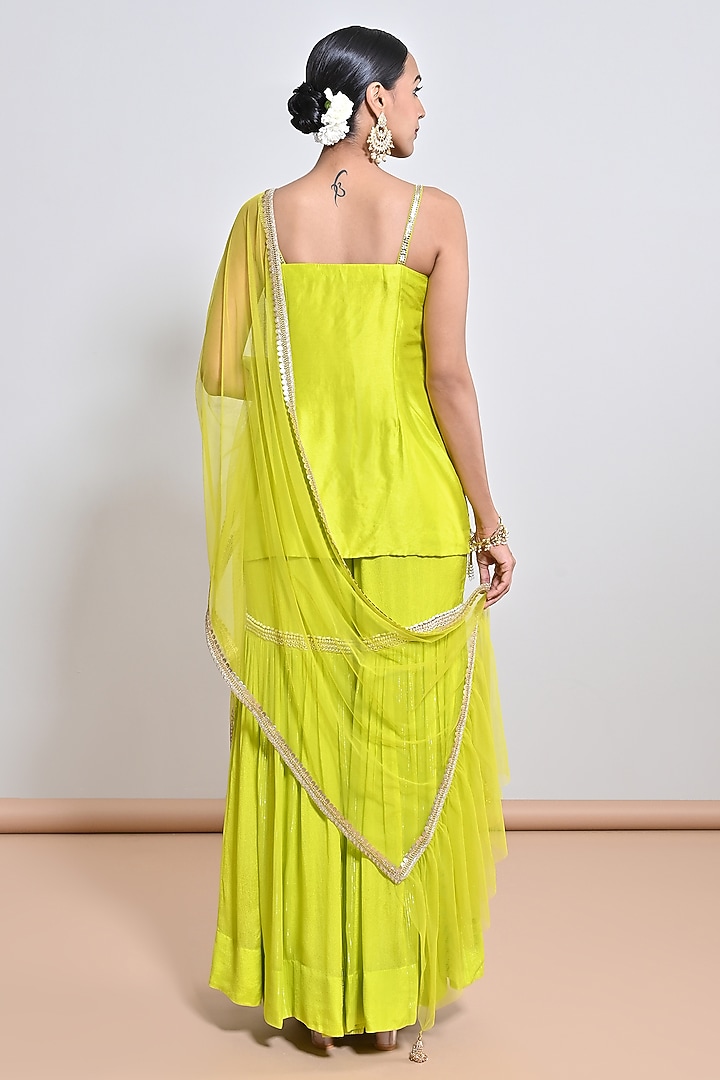 Neon Green Chiffon Crepe Embroidered Gharara Set by Keith Gomes at Pernia's Pop Up Shop